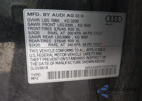 2014 Audi Q7 3.0 Tdi Premium z USA, uszkodzony, nr VIN WA1LMAFE7ED017933